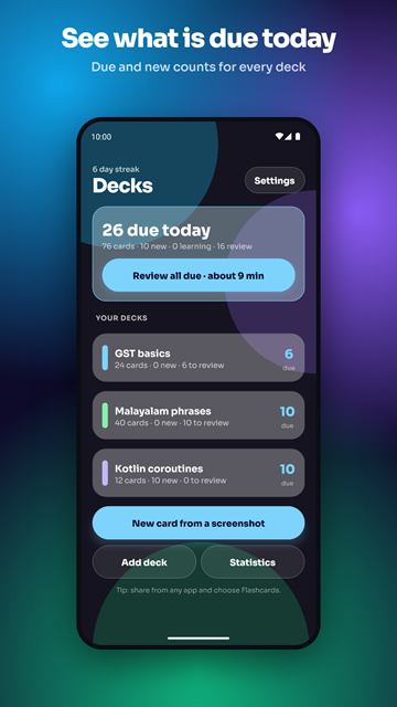 Flashcards from Screenshots: decks due today screen