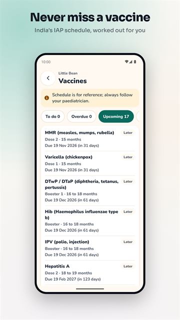 Kid Health Book: vaccine schedule screen